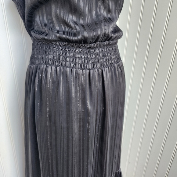 MSK Womens Black Silver Metallic Mock Neck Keyhole Dress Midi Smocked Waist Sz L - Picture 3 of 13